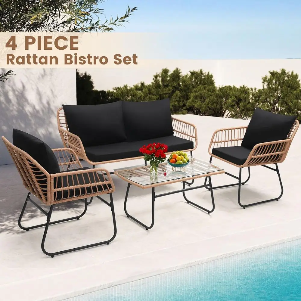 4-Piece Patio Bistro Outdoor urniture Set, Natura/Black | Outdoor All-Weather Wicker urniture Chairs and Side Table Set, Ideal o