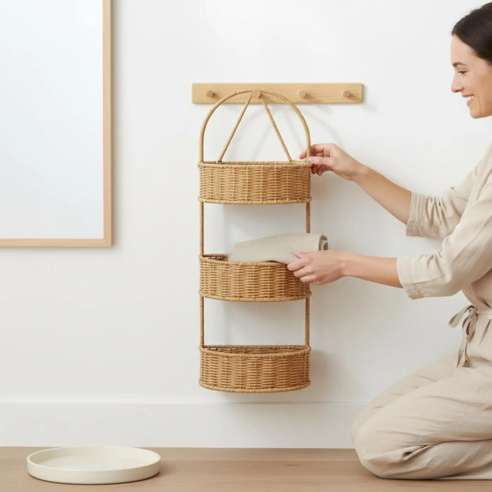 Wall Hanging Woven Basket Organizer for Entryway Decor with Open Weave Design