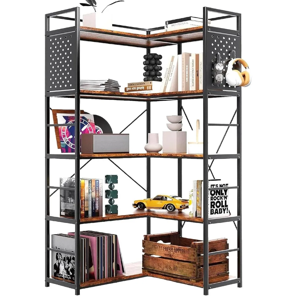 

5 Tiers Corner Bookshelf, Reversible Bookshelf Industrial Adjustable Corner Bookcase Vintage Open Display Shelves Large