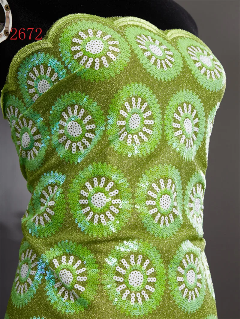 Nigerian Lace Fabric 2024 High Quality 5 Yard Green African Sequined Lace Fabric Embroidery Luxury Evening Dress for Women A2672