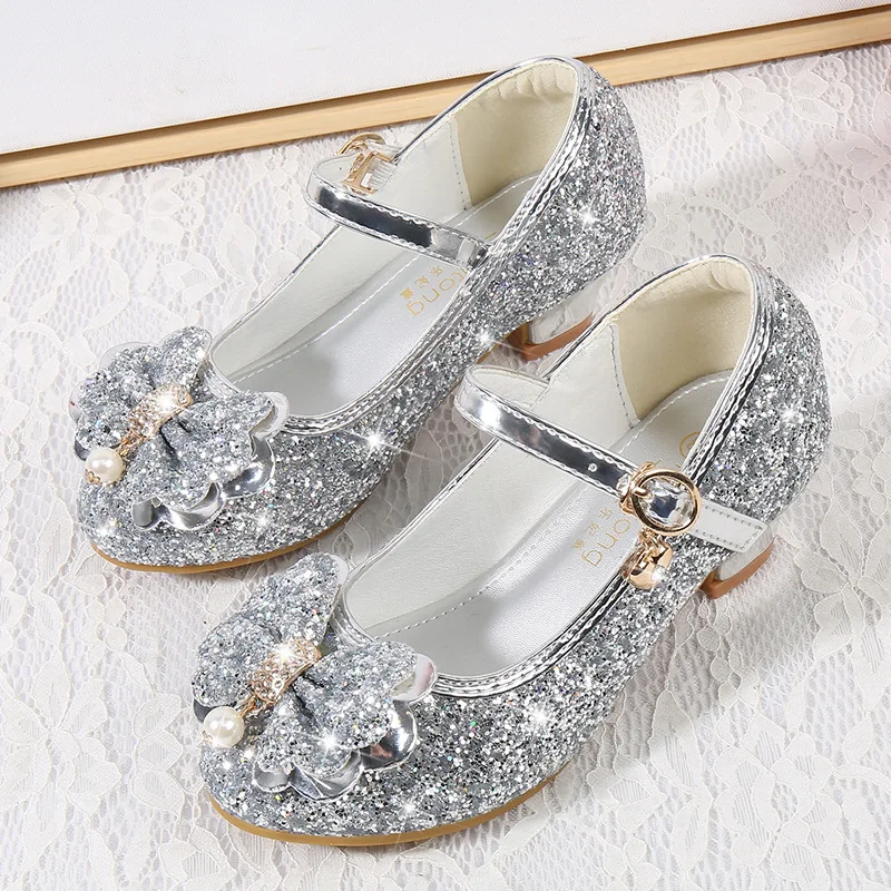 New 2024 Princess Bowknot Leather Shoes Fashion Girls Party Dance Shoes Kids Diamond High Heel Children Girl Dance Glitter Shoes