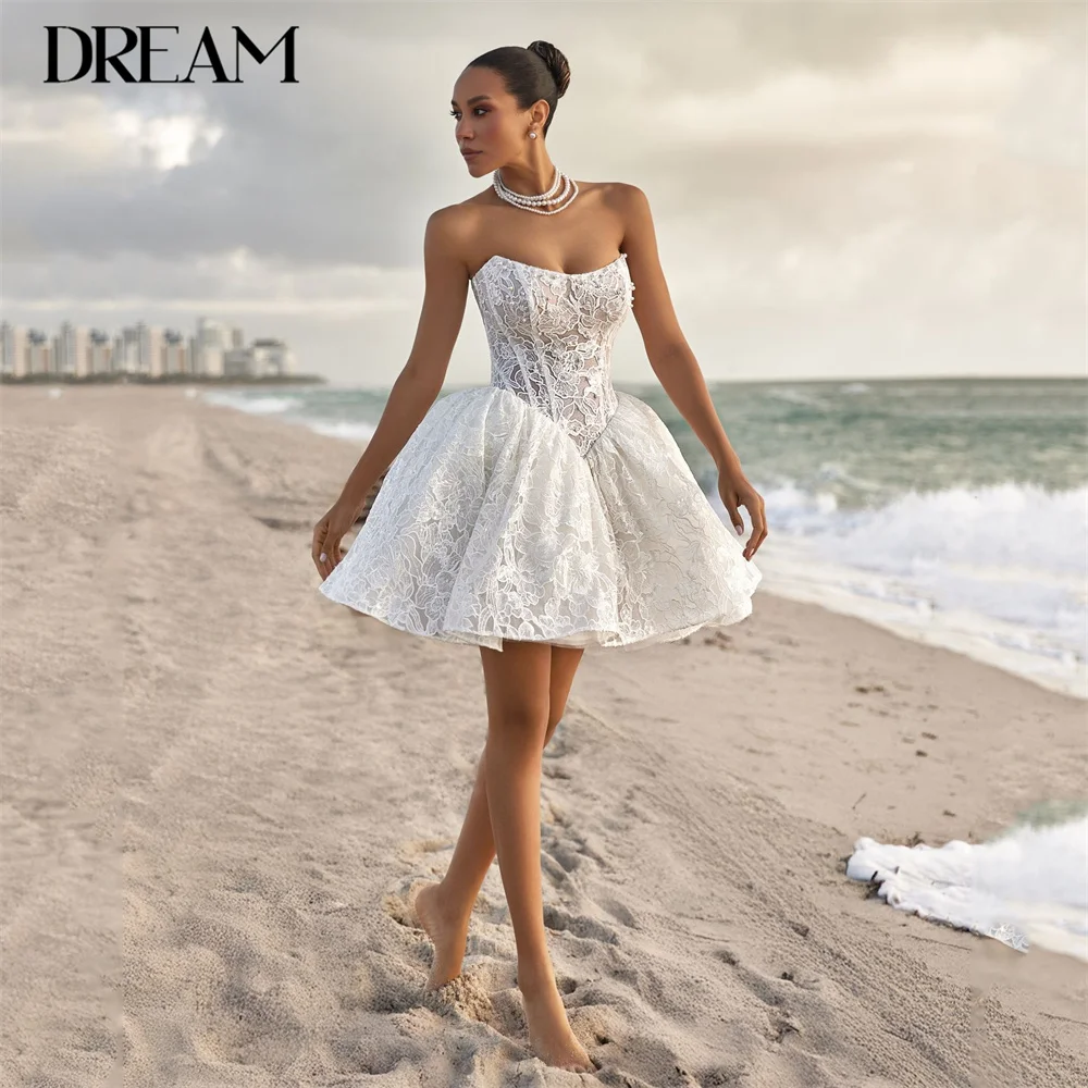 

DREAM Modern Short A-Line Wedding Dresses Lace Beading Boat-Neck Pleat Open Back Lace-up Bridal Gown Vestido De Noiva Customized