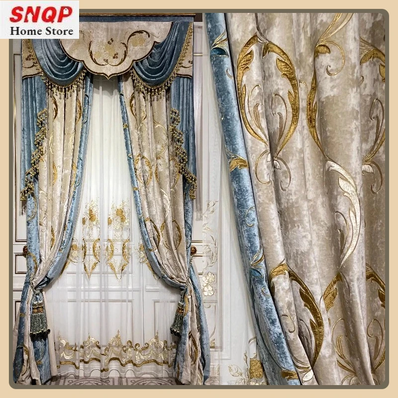 

High-end Luxury Villa European-Americancurtains for Living Room and Bedroom Blackout Curtains Custom Blue Embroidered Curtain