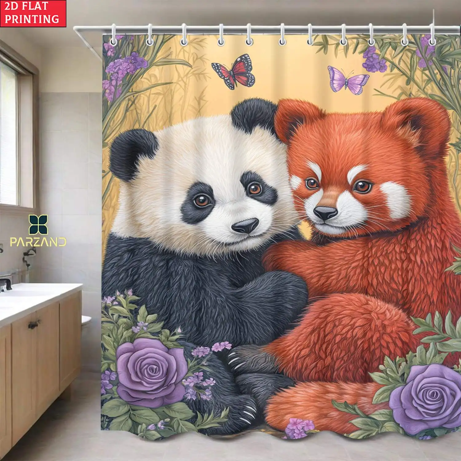 Cute Panda and Fox Shower Curtain Bathroom Decor Waterproof Cartoon Animals Print for Kids Bathroom Shower Curtain