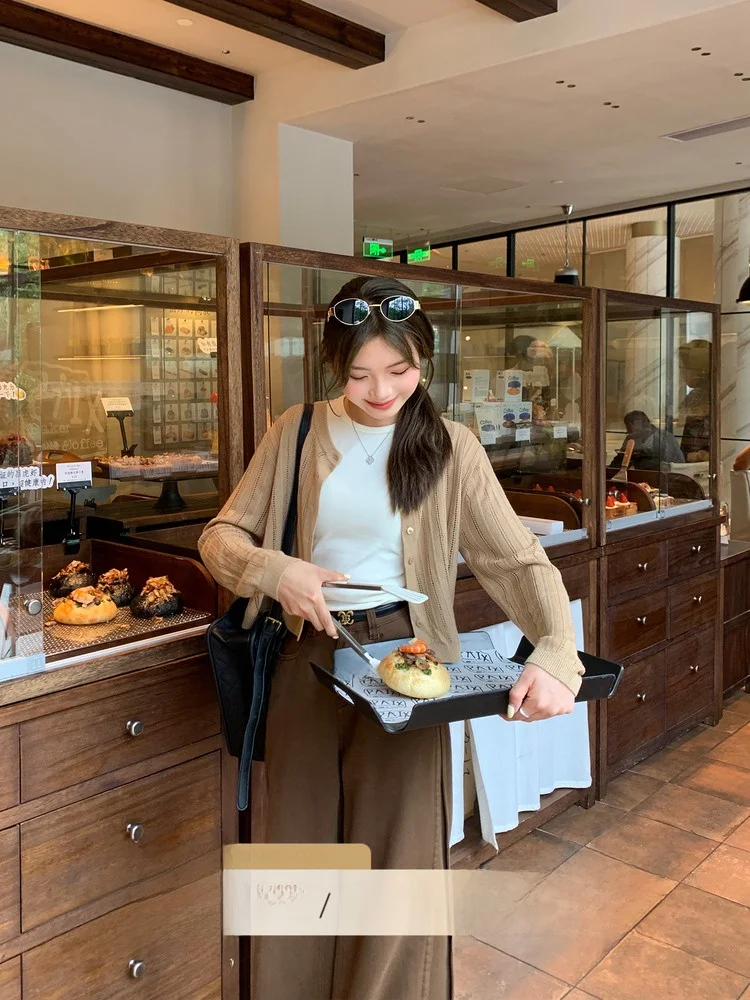 

Осенний женский вязаный кардиган с длинными рукавами, цвета каштана, универсальный, свободного кроя, для повседневной носки, с круглым вырезом