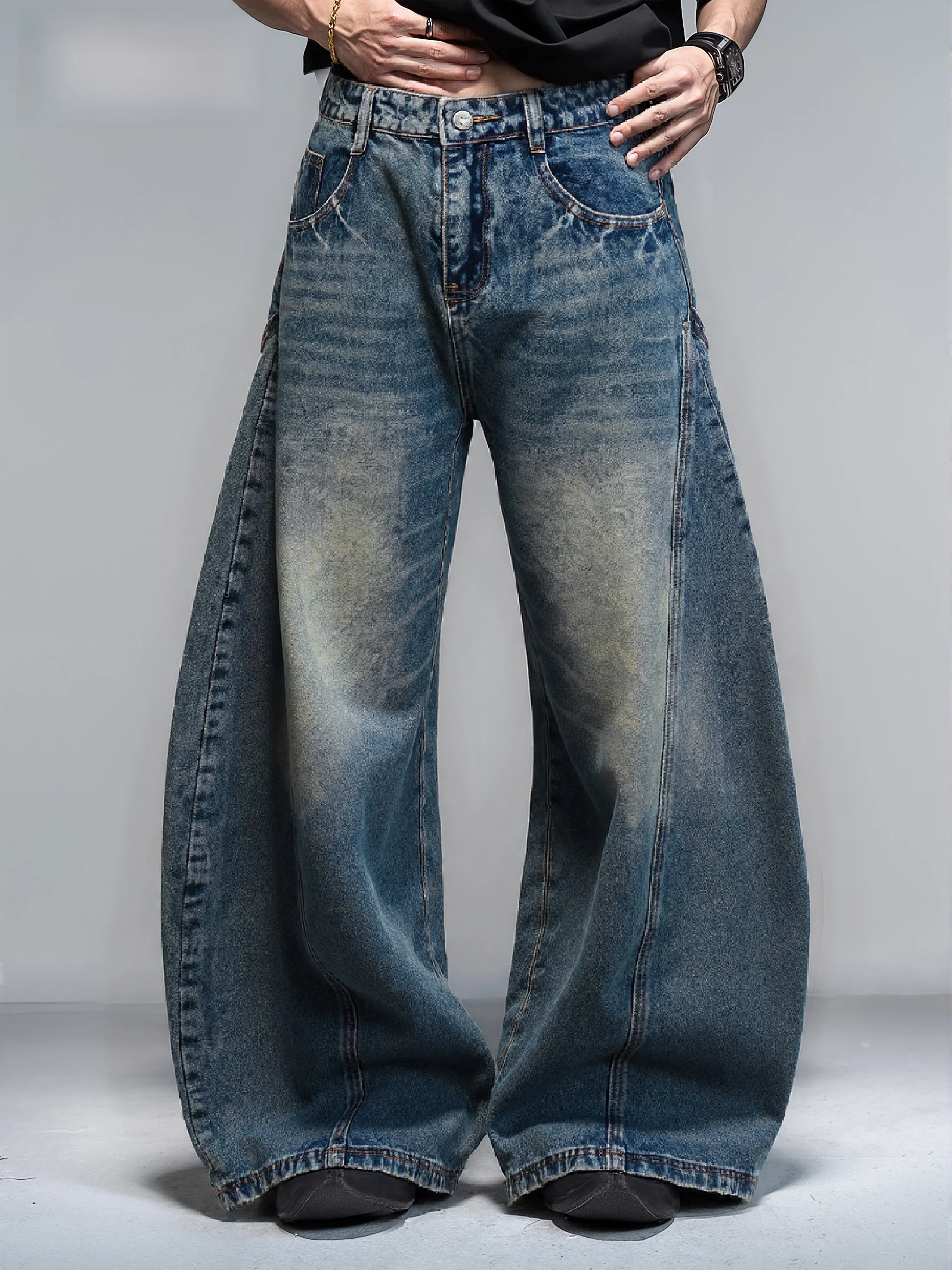 Amerykańskie retro szerokie jeansy z wysokim stanem, krój wide leg, modne młodzieżowe spodnie z bawełny denim, prosty krój, luźny krój, długie spodnie.