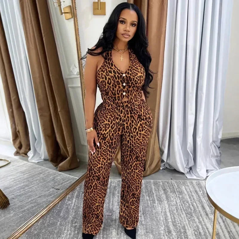 

Сексуальный комплект из двух предметов с леопардовым принтом для женской одежды, клубный вечерний жилет без рукавов, топ и широкие брюки, костюм, одинаковые комплекты, наряды