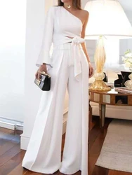 Jumpsuit Women Summer New Sexy Diagonal Shoulder White 2-piece Set Commuting Elegant One Piece Wide Leg Women's Pants Trousers