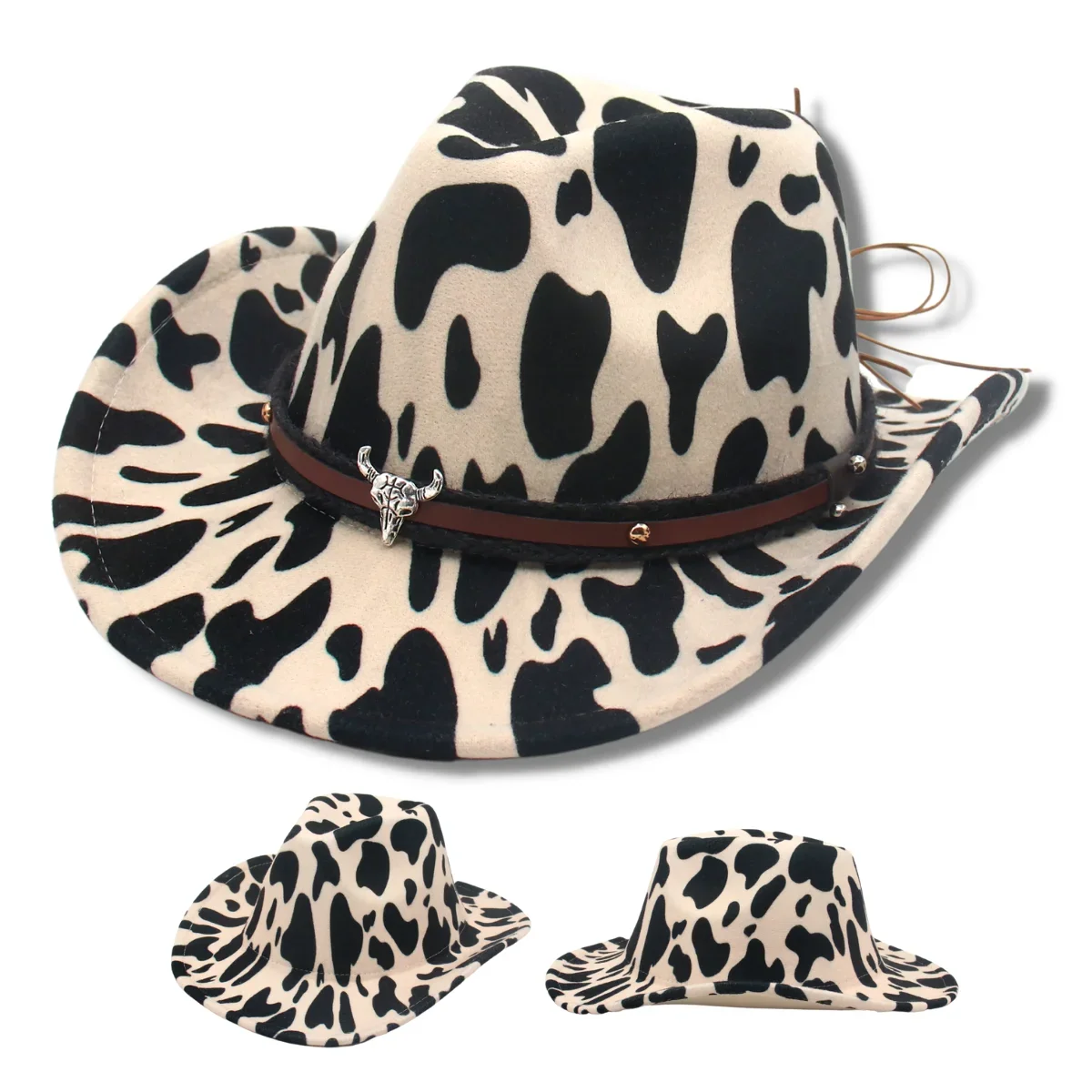 Western Cow Pattern Knight Hat With Bull Shaped Decor Cows Grassland Cowgirl Women Country Hat Travel Cowboy INS Men Felt Hats