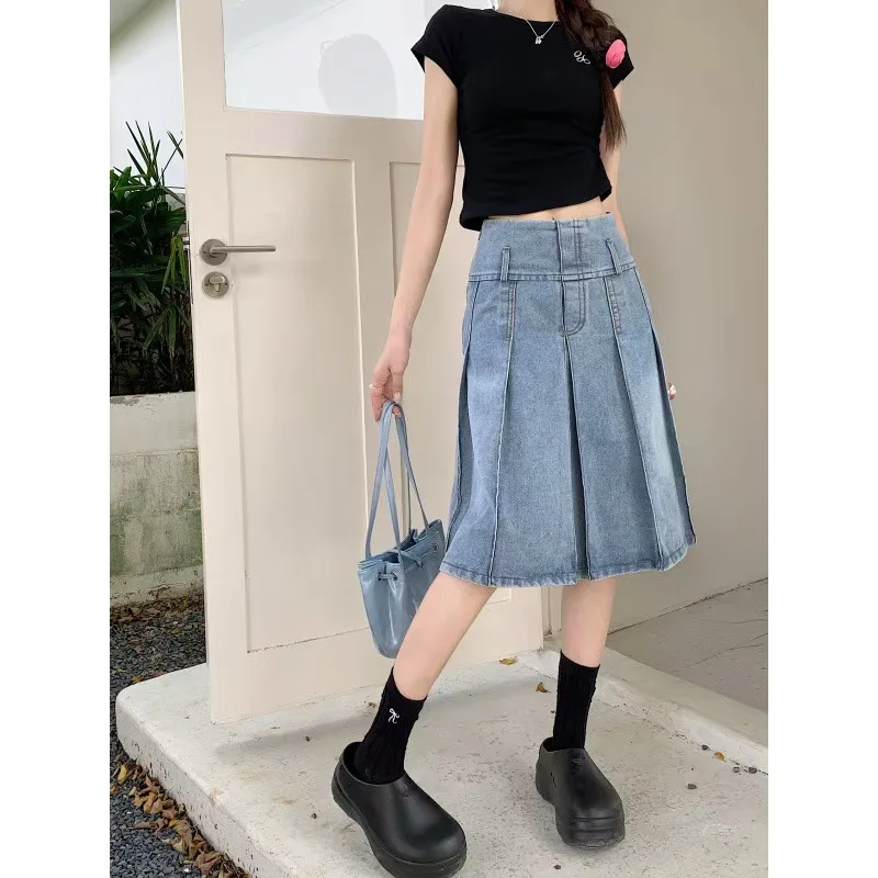 

American-style Hot Girl Washed Denim Pleated Skirt.Spring Summer New Fashionable Casual High-waisted Mid-length Skirts for Women