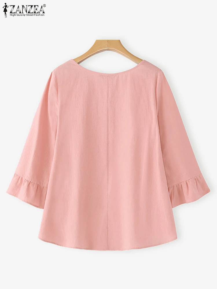 Zanzea 2025 outono casual blusas altas-baixas das mulheres recorte o-pescoço algodão blusas mujer elegante babados guarnição 3/4 manga alargamento topos