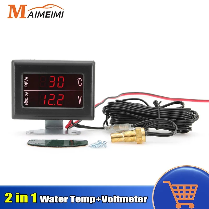 

2 in 1 Water Temperature + Voltmeter Gauge Red LED Backlight Voltage Water Temp Meter With Sensor Universal for 12v 24v Auto Car
