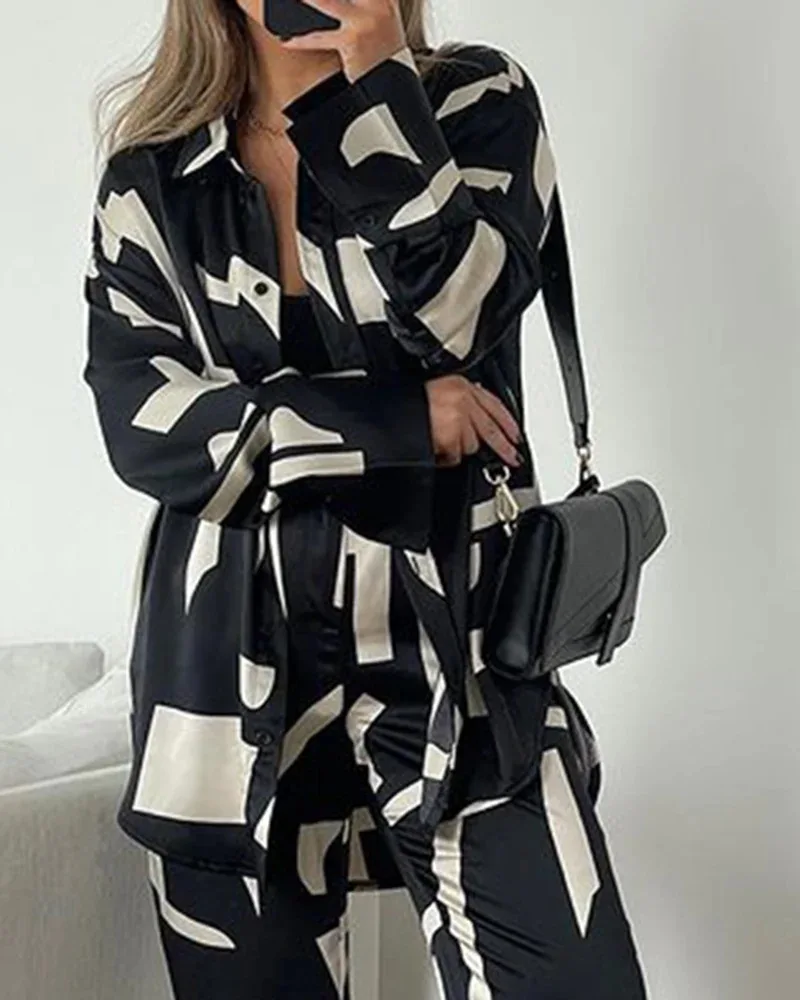 Abstract Printing Lady Shirts And Wide Leg Pant Sets Loose Blouse Long Trouser Fashion Two Piece Set Streetwar Female Clothes