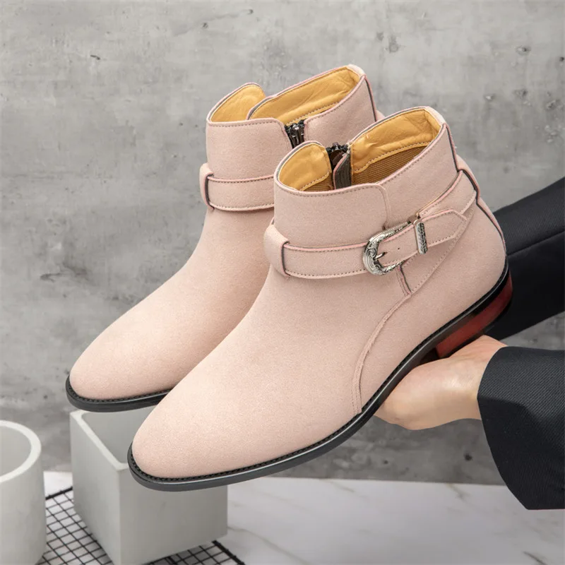 

Замшевые мужские ботинки «Челси» с пряжкой, розовые ботильоны с острым носком, мужские туфли большого размера 46, высокие модельные туфли для мужчин, botas para hombre