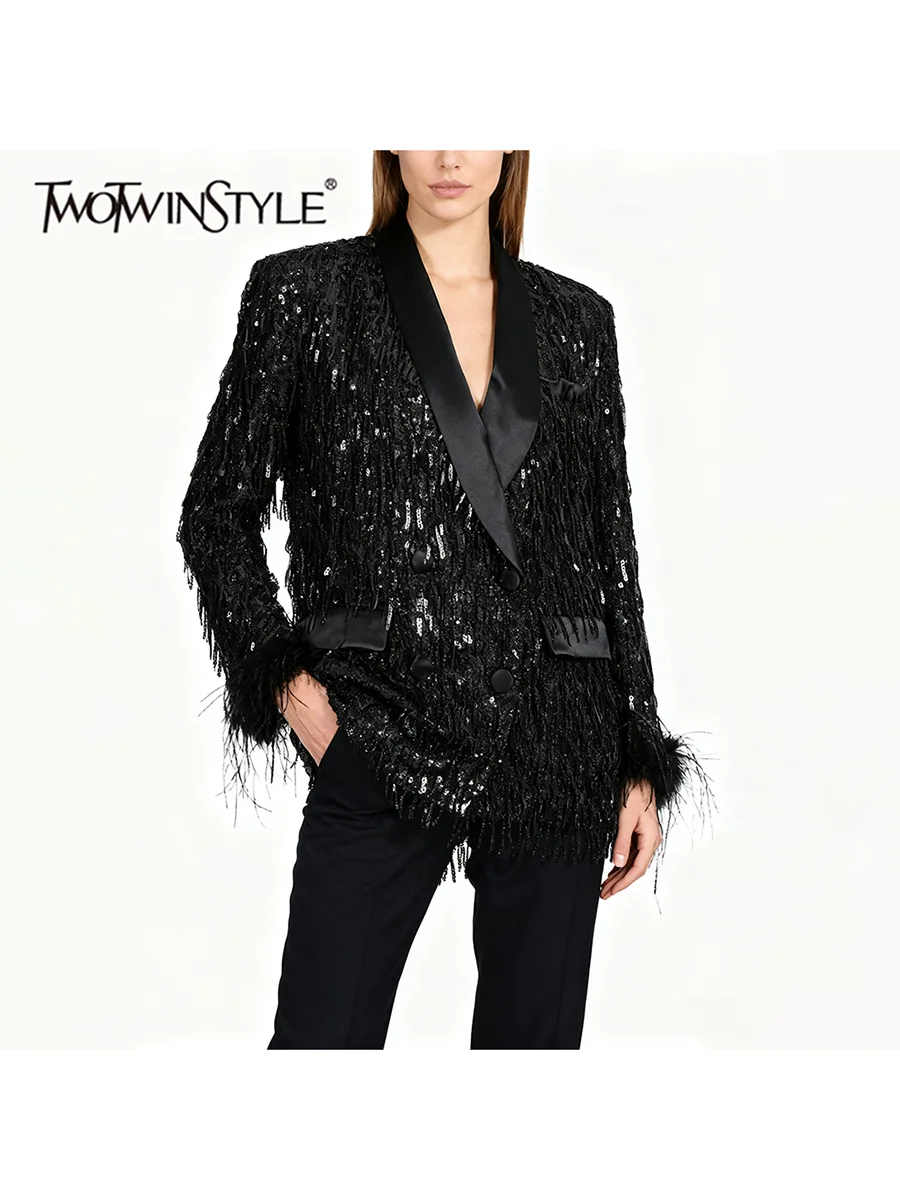

TWOTWINSTYLE Solid Spliced Sequins Fashion Blazers for Women Lapel Long Sleeves Patchwork Feathers Elegant Blazer Female Clothes