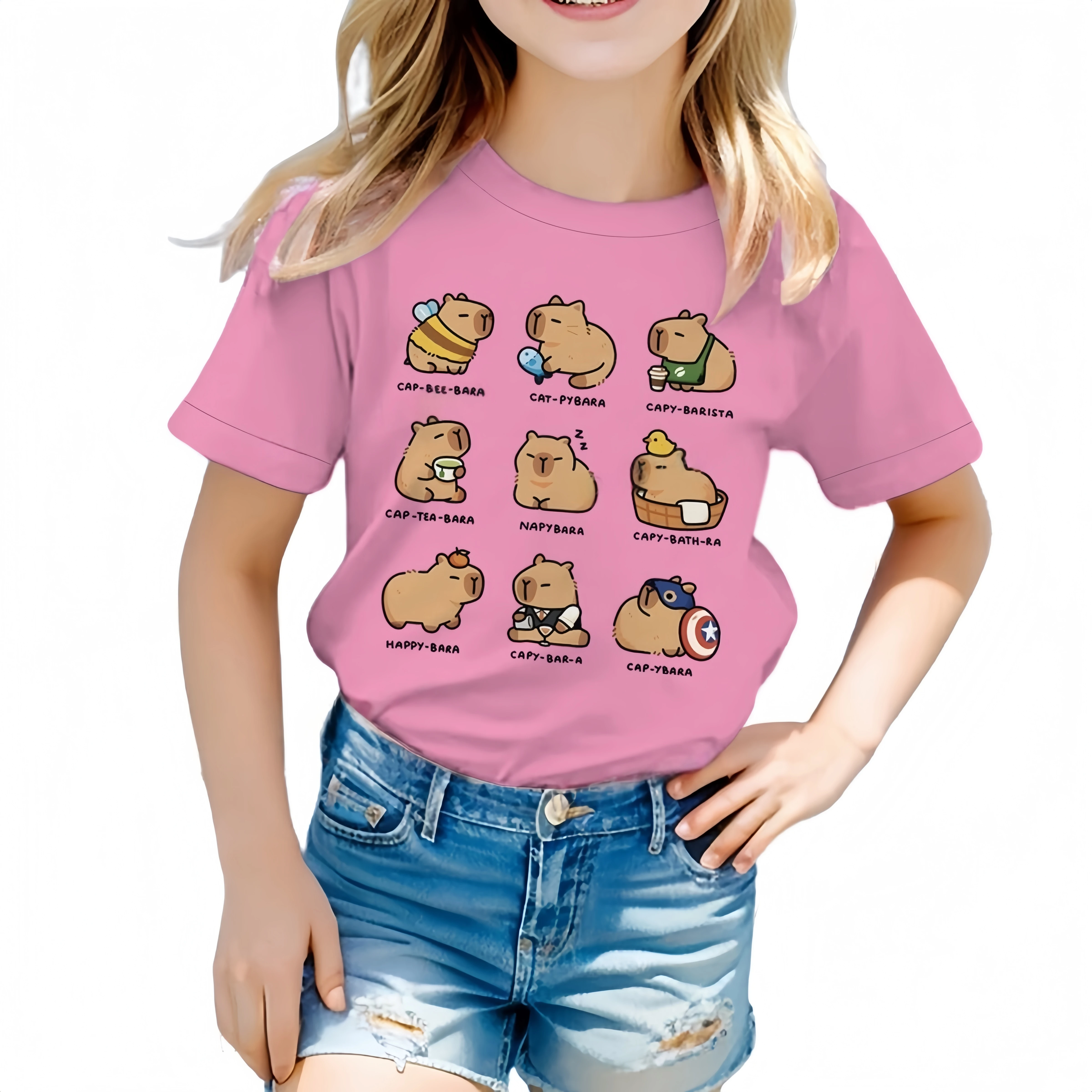 Funny Capybara Cartoon Print T Shirt for Girls Boys 2-10Y Kawaii Animal Comic Design Children Top Short Sleeve Capybara T-Shirt