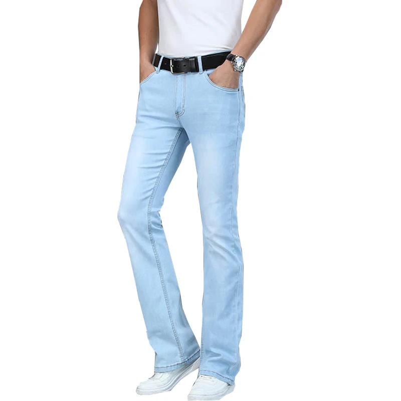 Men's Slim Fit Micro Flare Jeans Men's Elastic Mid-Rise Sky Blue Flared Pants