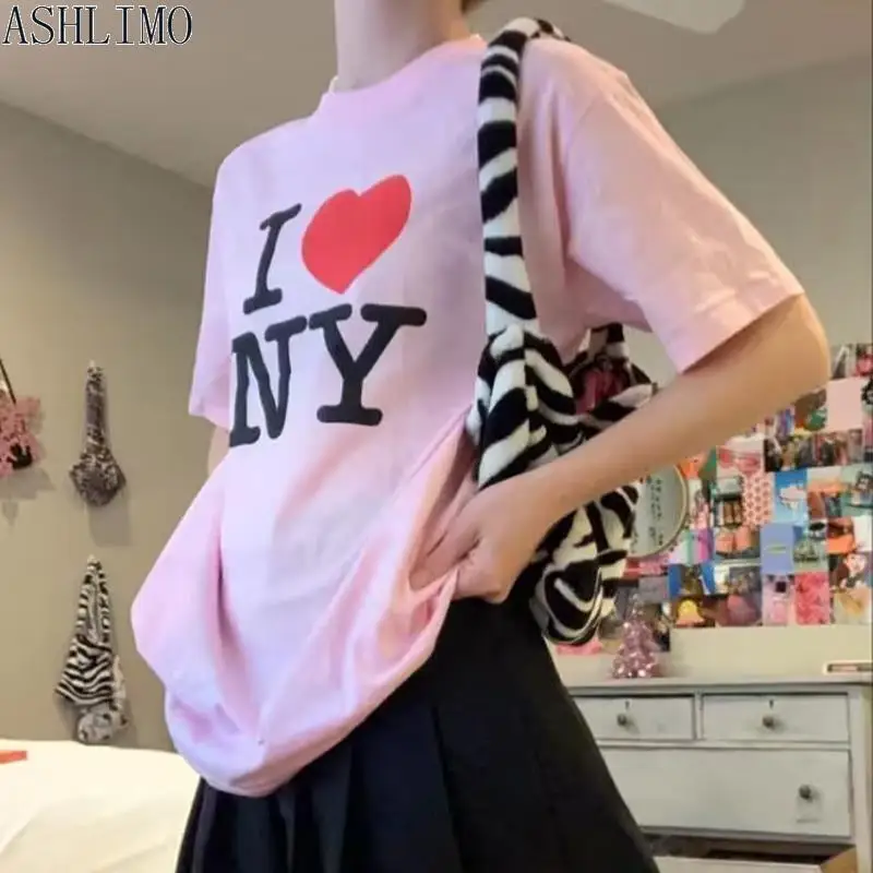 I LOVE NY Letter Print Women Harajuku pink T-shirt Short Sleeve  Y2K Tops Summer Casual Oversized T-Shirts Female Loose Clothes