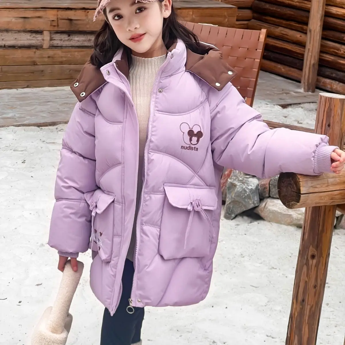 

Mickey Mouse Girls Winter Parka 2025 New Kid Cartoon Thicken Padded Thermal Insulated Hooded Down Jacket Children Windproof Coat