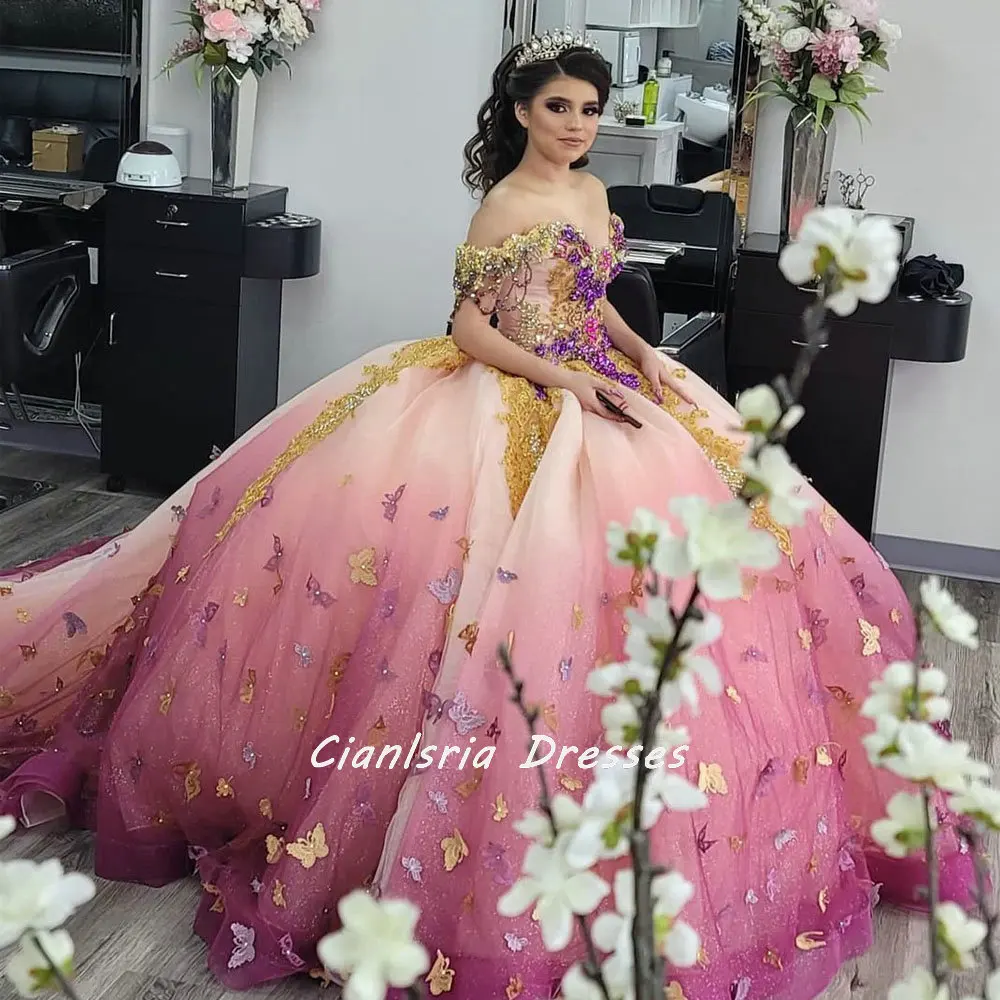 

Градиентный корсет с открытыми плечами и бусинами, платья для Quinceanera, бальное платье с 3D аппликацией бабочки, кружевные милые платья 16 лет