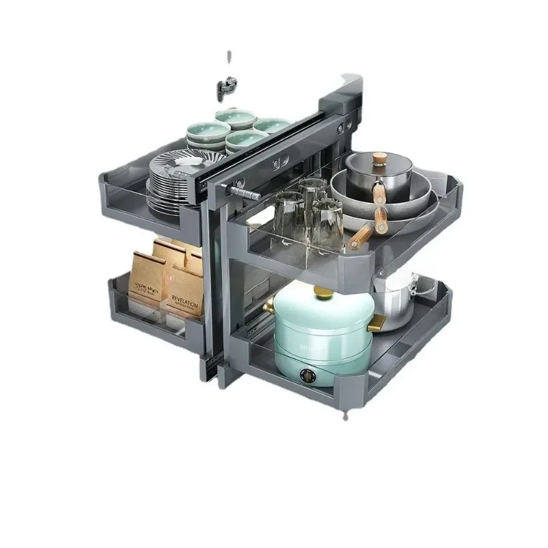 

Угловая корзина Кухонный шкаф Угловая встроенная полка для посуды для приправ Вращающаяся полная открытая выдвижная полка для посуды Little Monster House