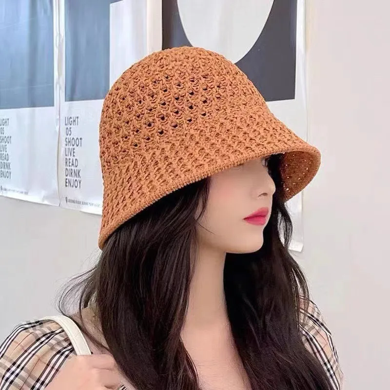 Hollow Out Knitted Bucket Hat Summer Sun Caps Women Korean Fashion Collapsible Outdoor UV Protection Camping Beach Ladies Hats