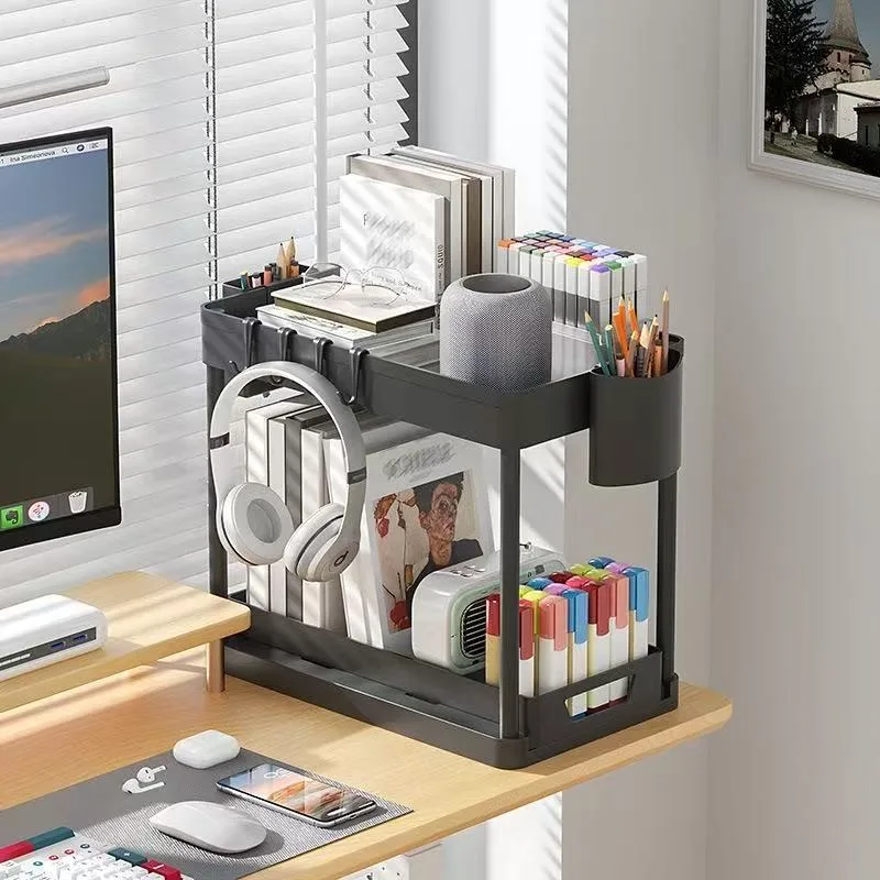 2 Tier Sliding Under Sink Organizer with 4 Side Hooks and 2Detachable Hanging Baskets,Pull Out  Storage Rack