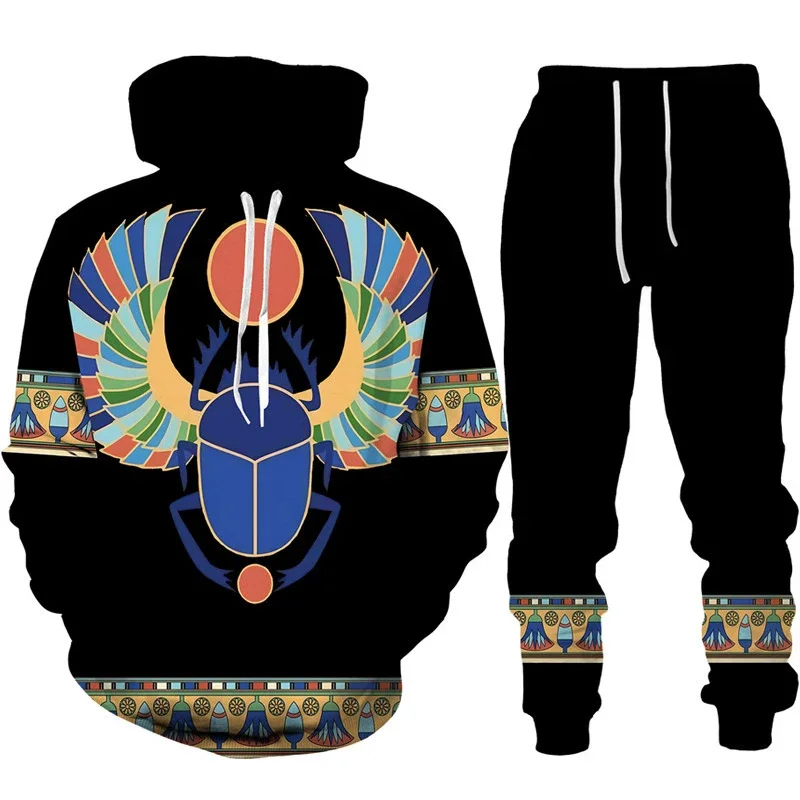 Men Hoodie Sets 3D Print Ancient Horus Egyptian God Eye of Egypt Pharaoh  Casual Loose Men\'s Hoodie+Pants Streetwear Jogging Set