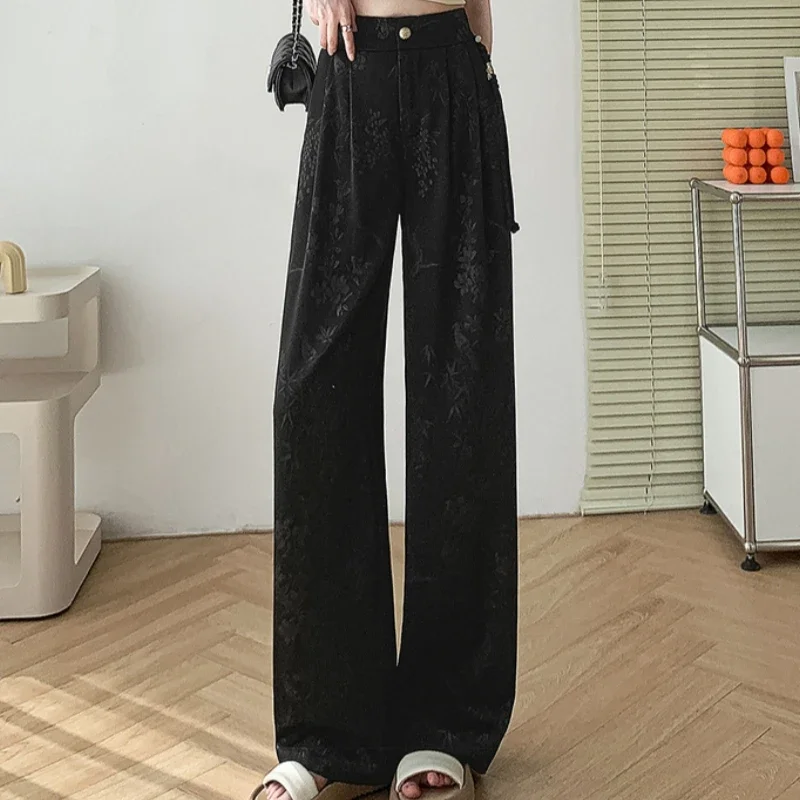 سيوليش 2025 ربيع وصيف جديد النمط الصيني الساتان بنطال ذو قصة أرجل واسعة عالية الخصر التطريز الكورية بناطيل فضفاضة غير رسمية الإناث #2