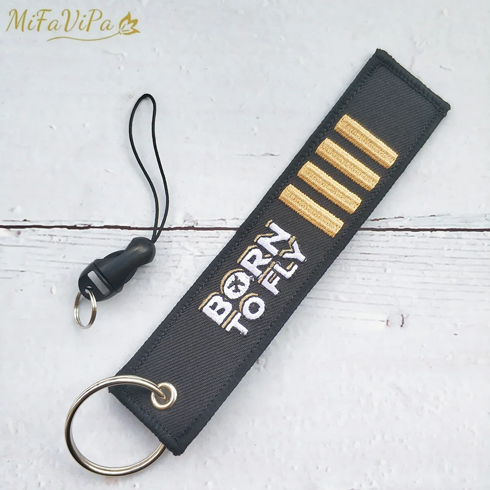 MiFaViPa Embroidery Born to Fly Keychain Phone Strap Black Pilot Aviation Key Chains for Men Gifts Flight Crew Luggage Tags