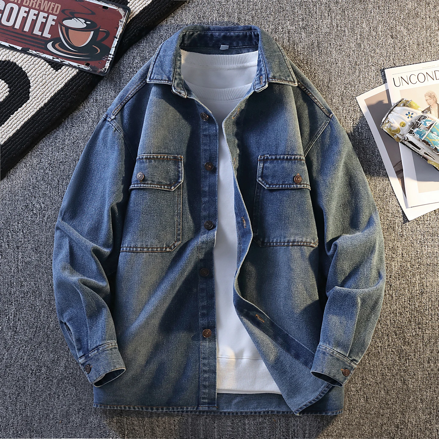 

Trendy Spring Men's Denim Jacket Shirt Retro Washed Denim Loose Long Sleeved Shirts Casual Social Streetwear Harajuku Shirt 2026