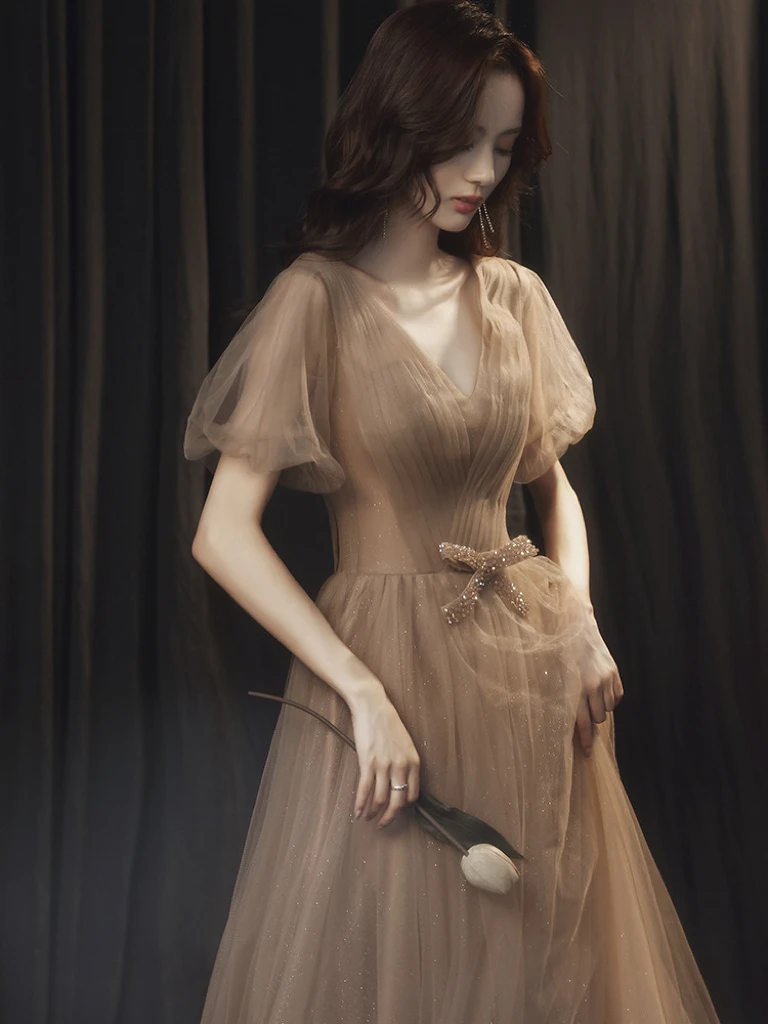

Lantern Sleeve Bridesmaid Dresses Champagne Slim A Line Formal V Neck Bow Waist Retro Bandage Female Wedding Prom Banquet Gowns