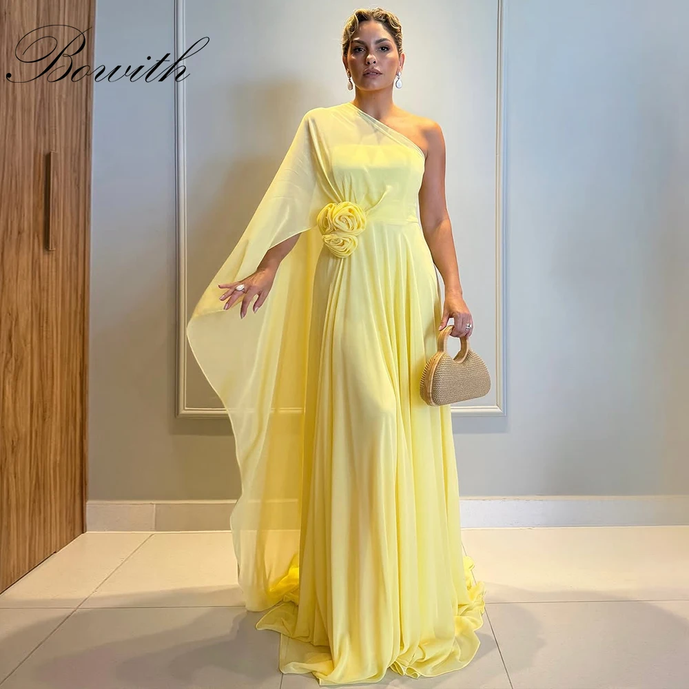 

Bowith Yellow Evening Dresses Women Chiffon 3D Flowers Prom Dresses Customized One-Shoulder Party Dresses Special Occasion