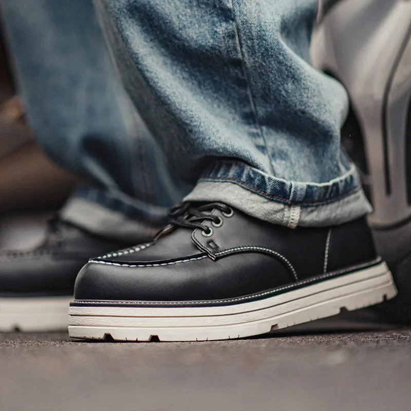 

Maden Men's Retro Black Work Low-top Boots Platform Sole Derby Shoes Lace Up Round Toe Formal Shoes for Autumn and Winter