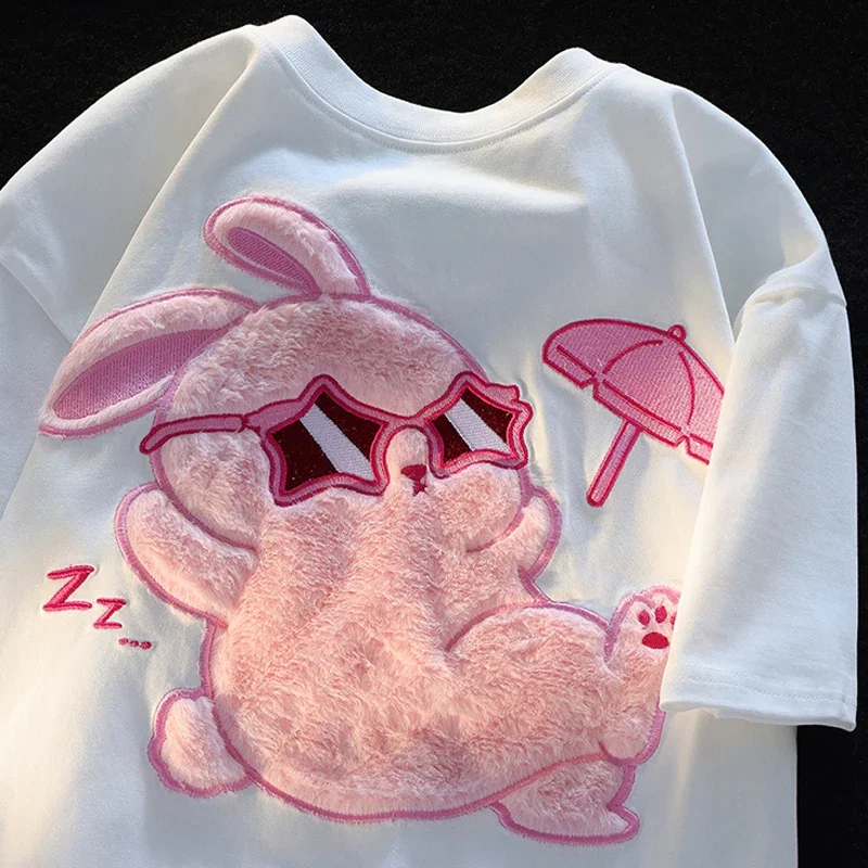 

Cute Bunny Plush Embroidered Short-sleeved T-shirt Women's Summer New Preppy Style Top Kawaii Clothes