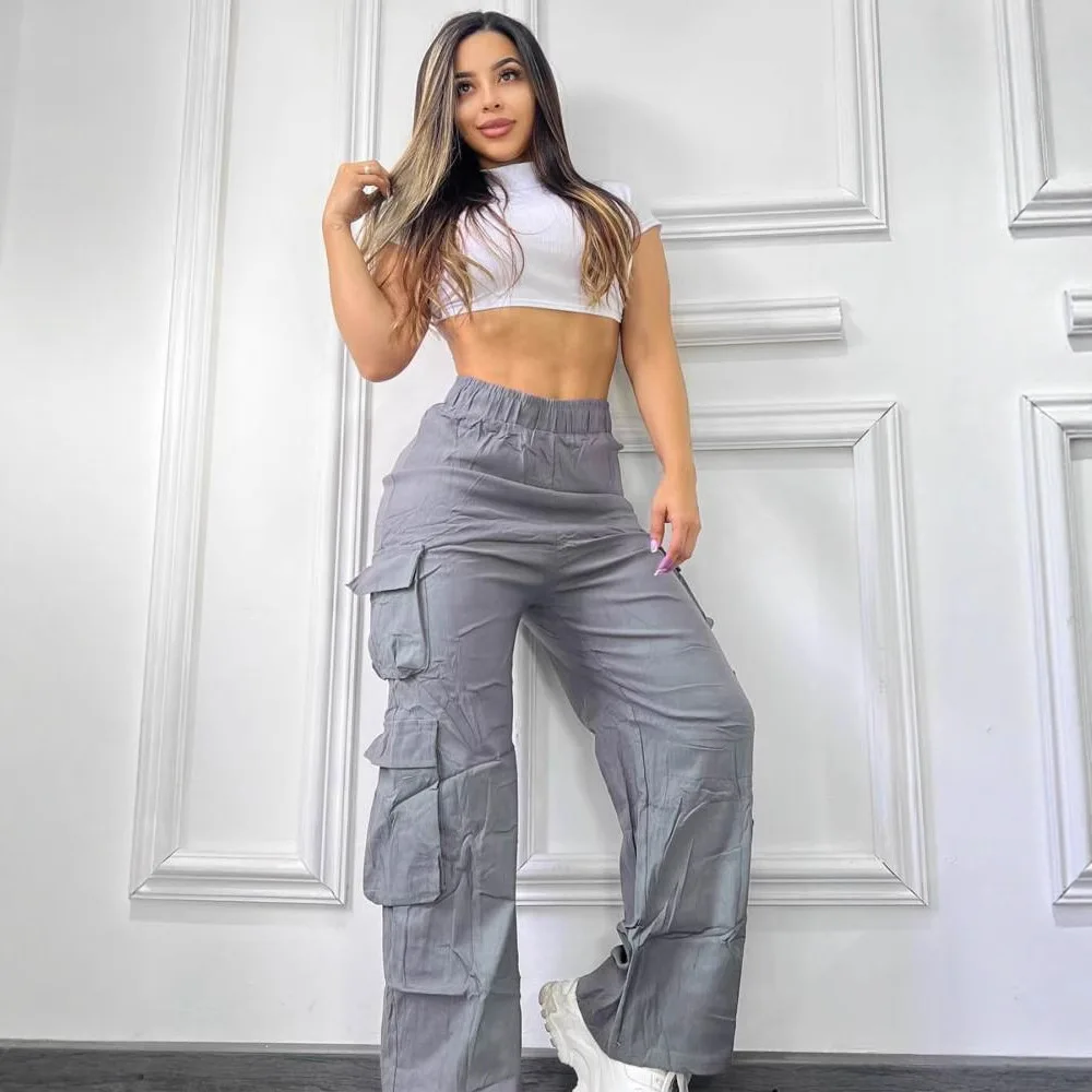 2026 Hosen Damen Spring Summer New Style Multi-pocket Wide Leg Trousers Women's Casual Elastic Waist Solid Color Hottie Overalls