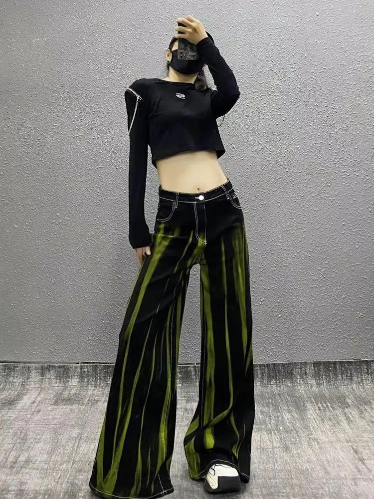 Streetwear Color-blocked Washed Casual Jeans For Women 2025 Autumn New High-waisted Loose High-waisted Straight Wide-leg Pants