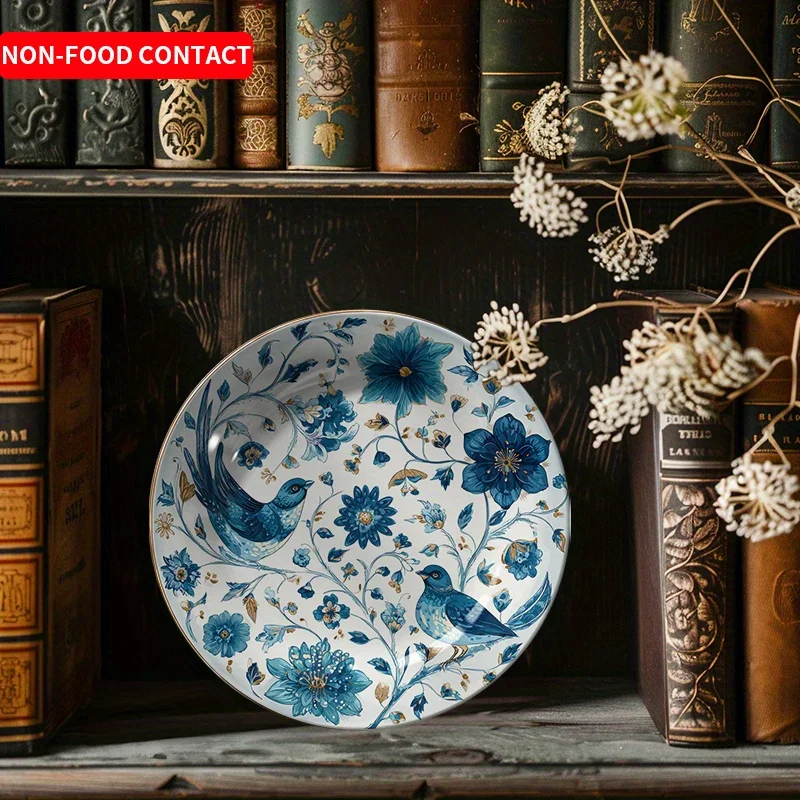 Hand-Painted Ceramic Decorative Plate with Bird and Floral Design, Non-Food Contact, Home Decor Wall or Table Display Art
