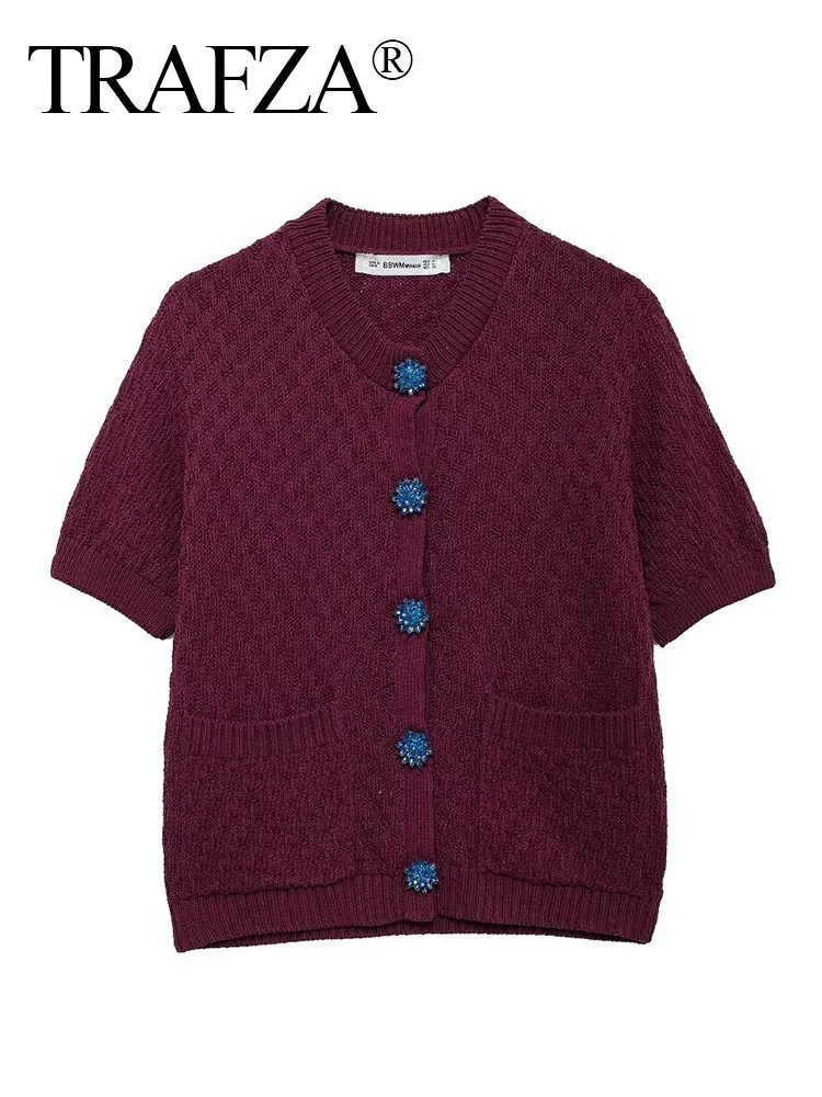 TRAFZA 2024 Female Burgundy Sweater Knitted O-Neck Short Sleeves Slim Single-Breasted Short Cardigan Top Pockets Wild Woman Coat