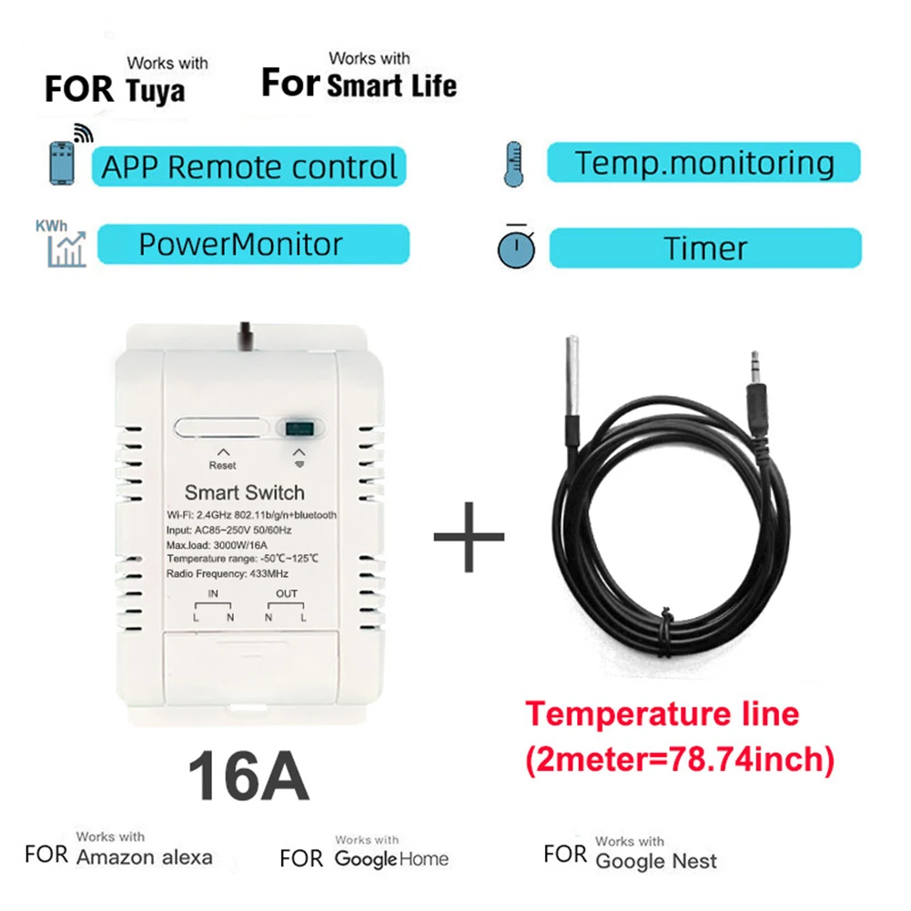 Sensore interruttore di temperatura 16A 20A 96x45x31 Mm ABS APP telecomando Rf433 sensore Monitor termostato pratico