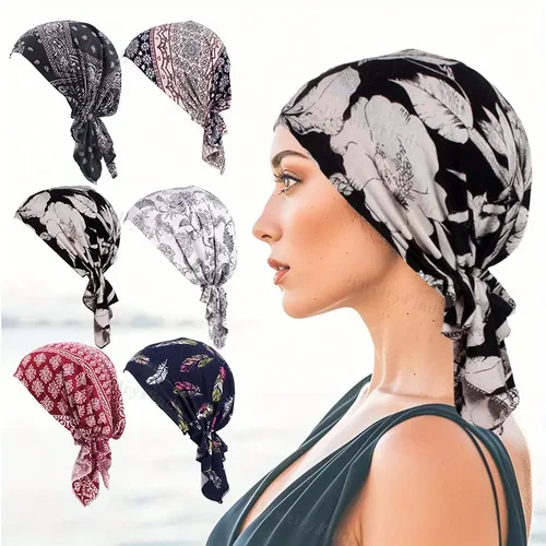 Imagen 1 del producto Bufanda de cabeza antiarrugas para mujer, turbante de sombrero de quimio, Bandana preatada, pañuelo para la cabeza, Tichel para cubrir la cabeza, bufanda para la pérdida de cabello, envoltura