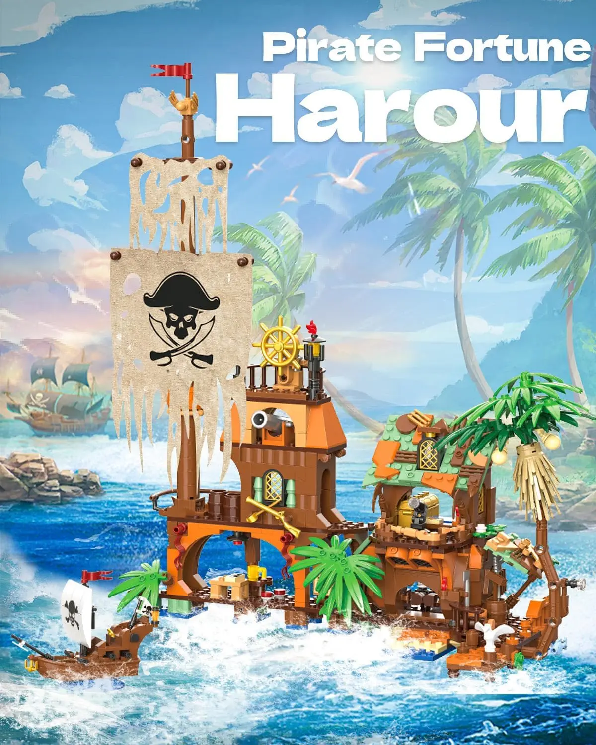 833PCS เรือโจรสลัด Harbor Building Blocks Fortune Dock House รุ่นเดสก์ท็อปตกแต่งการศึกษา DIY ของขวัญของเล่นสําหรับเด็กผู้ใหญ่