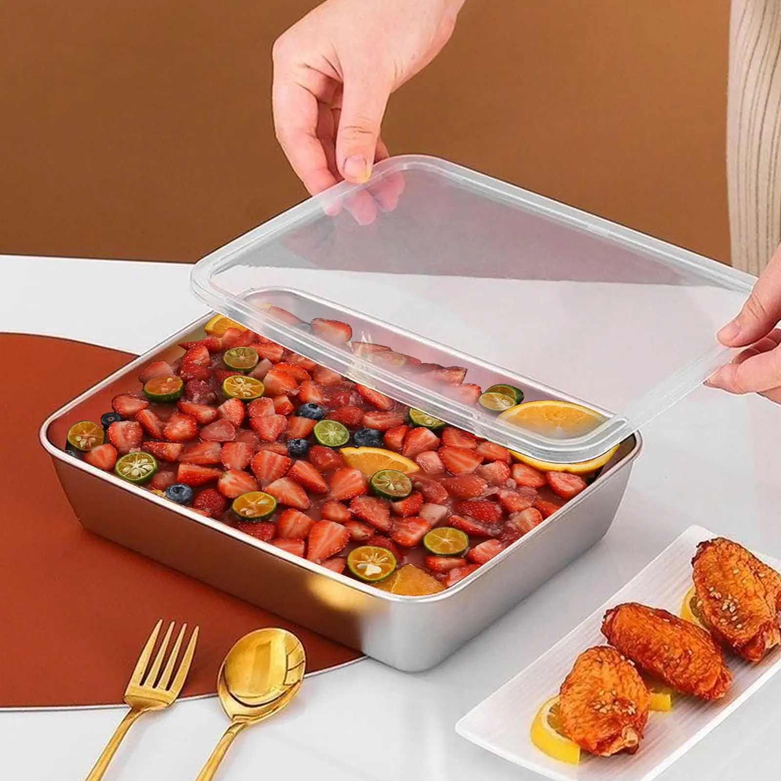 4 قطعة لوح من الفولاذ المقاوم للصدأ هش الطازجة حفظ الغذاء الحاويات مستطيل نزهة بينتو صينية الثلاجة صندوق الفريزر صواني الخبز