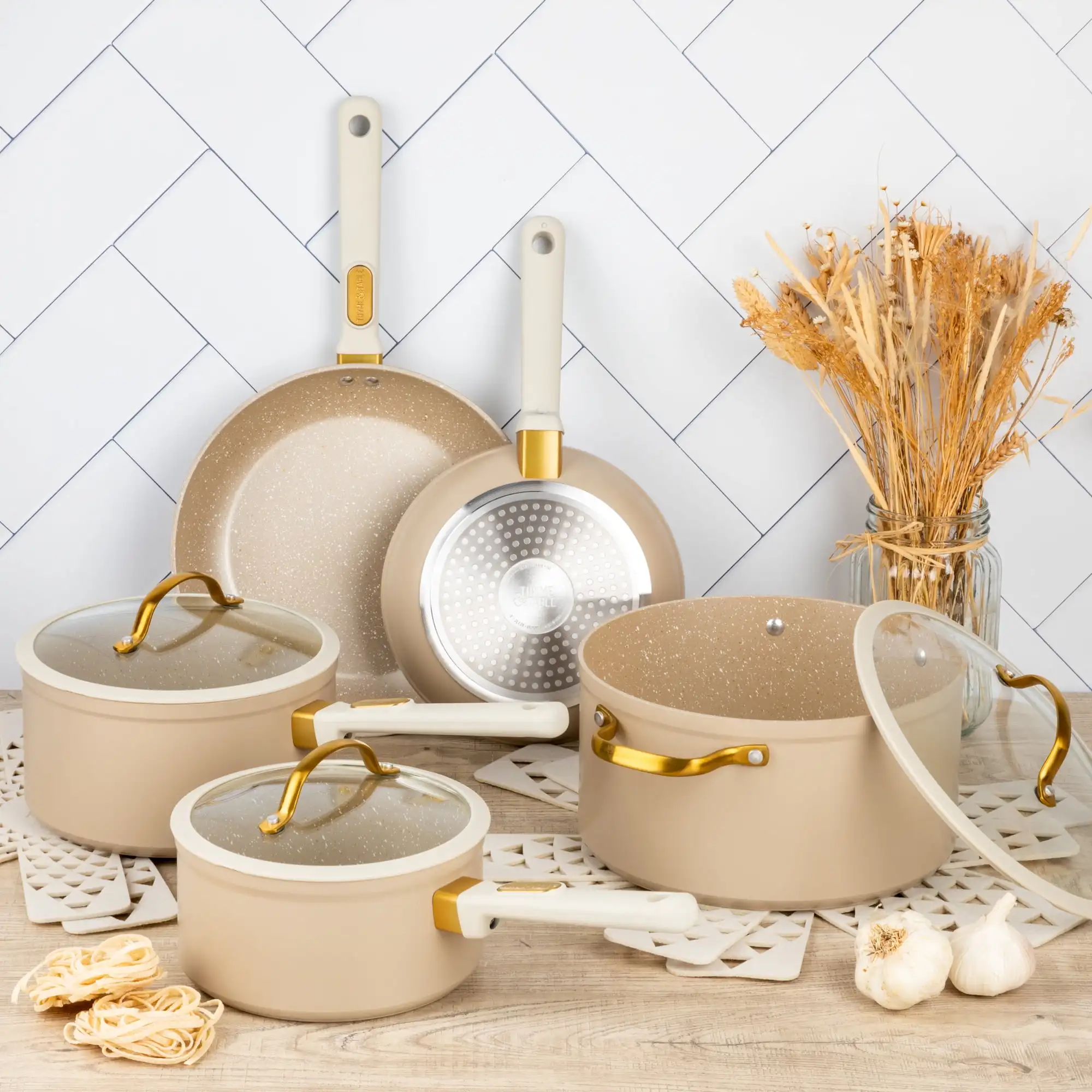 12 Piece Cookware Set Non-Stick Taupe Gold Durability and Reliability Makes for Effortless Food Release and Quick Cleanup