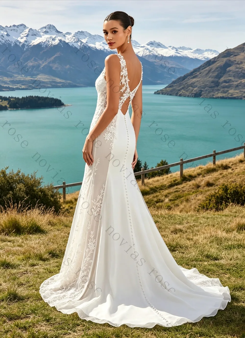 Customized Lace Camisole Deep V Mermaid Wedding Dress 2026 Slim Fit Flower Pattern Back Hollow Bride Gown Suitable for Beach
