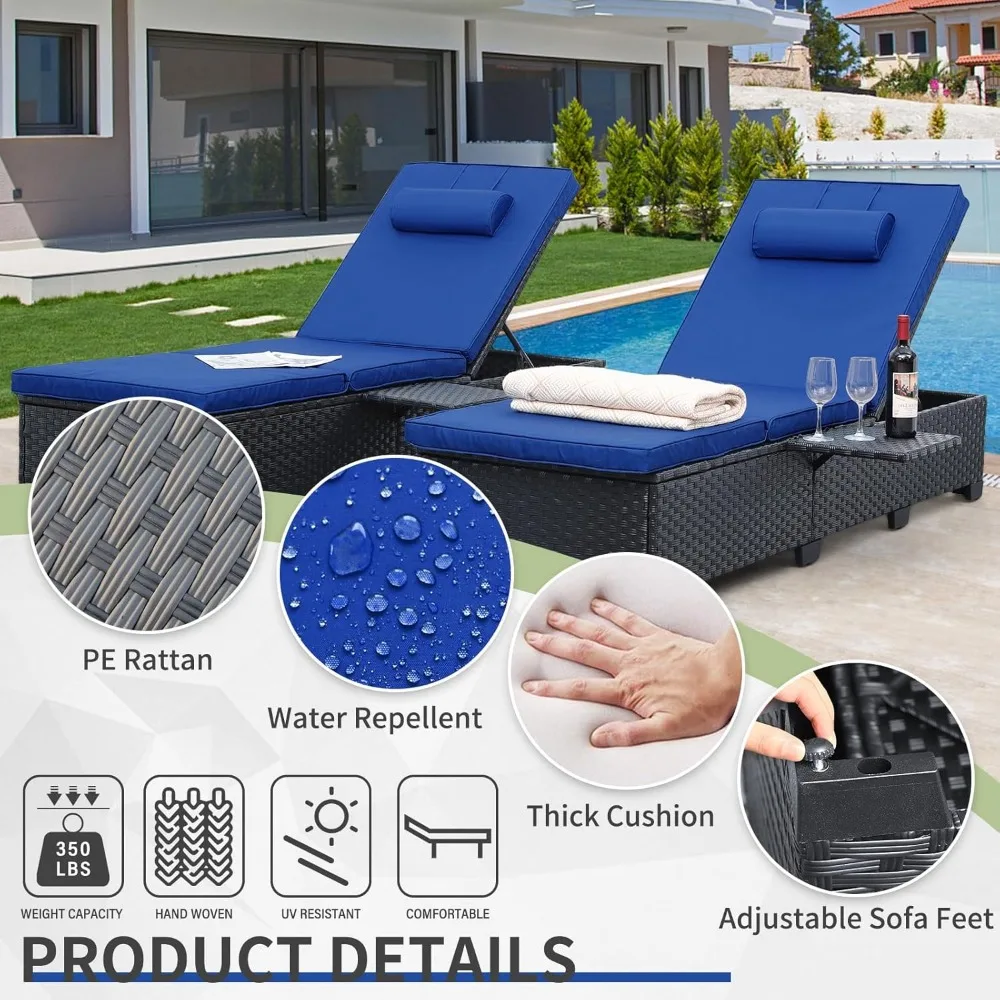 Outdoor Chaise Lounge Chair PE Wicker Patio Furniture Set of 2 Black Rattan Pool Lounge Chairs Adjustable Backrest