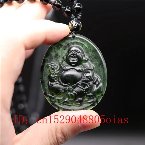 Natural Black Green Chinese Jade Maitreya Pendant Obsidian Necklace Charm Jewelry Accessories Carved Amulet Gifts for Men