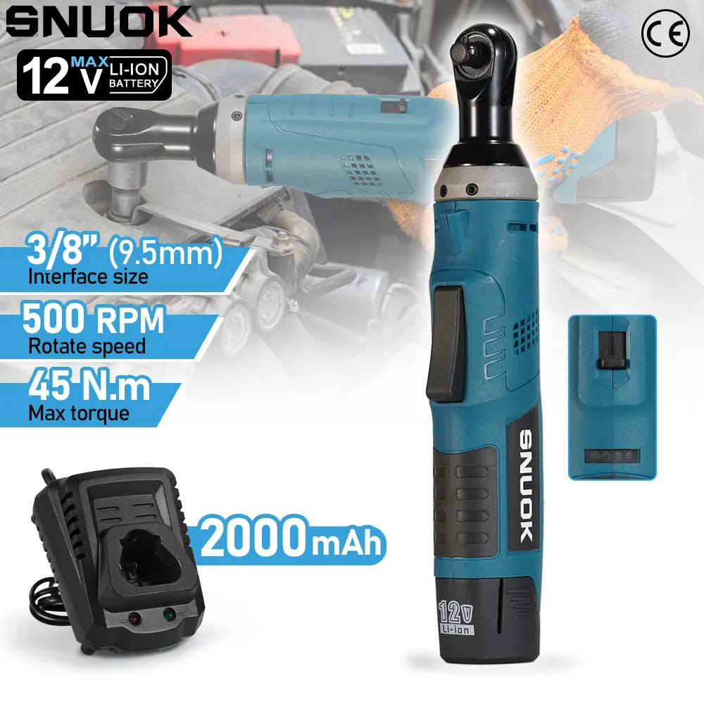 SUNOK 3/8'' Electric Ratchet Wrench with 2.0 Lithium Battery 500RPM Household Maintenance Stage Truss Tool For Bosch 12V Battery