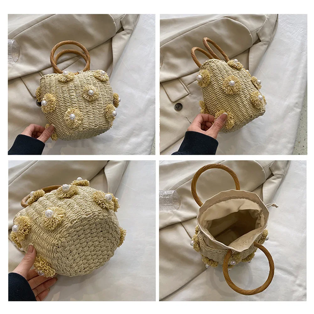 Drawstring Straw Bucket Bag Women New 2024 Fashion Rattan Crochet Tote Handbag Purses Wrist Woven Straw Bag for Summer Beach Bag