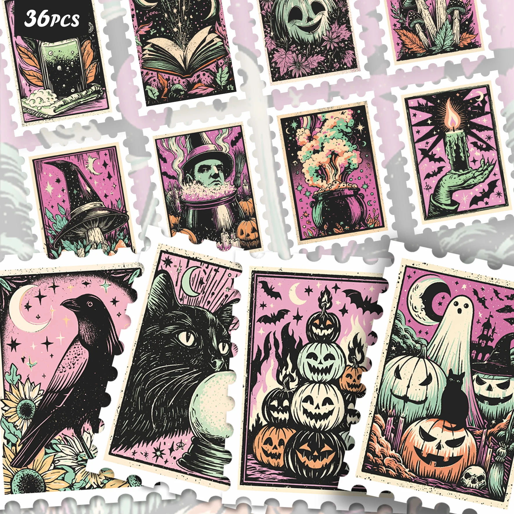 36PCS Pastel Halloween Folk Print Stickers, Retro block print art with black cats, pumpkins, ghosts and haunted houses.